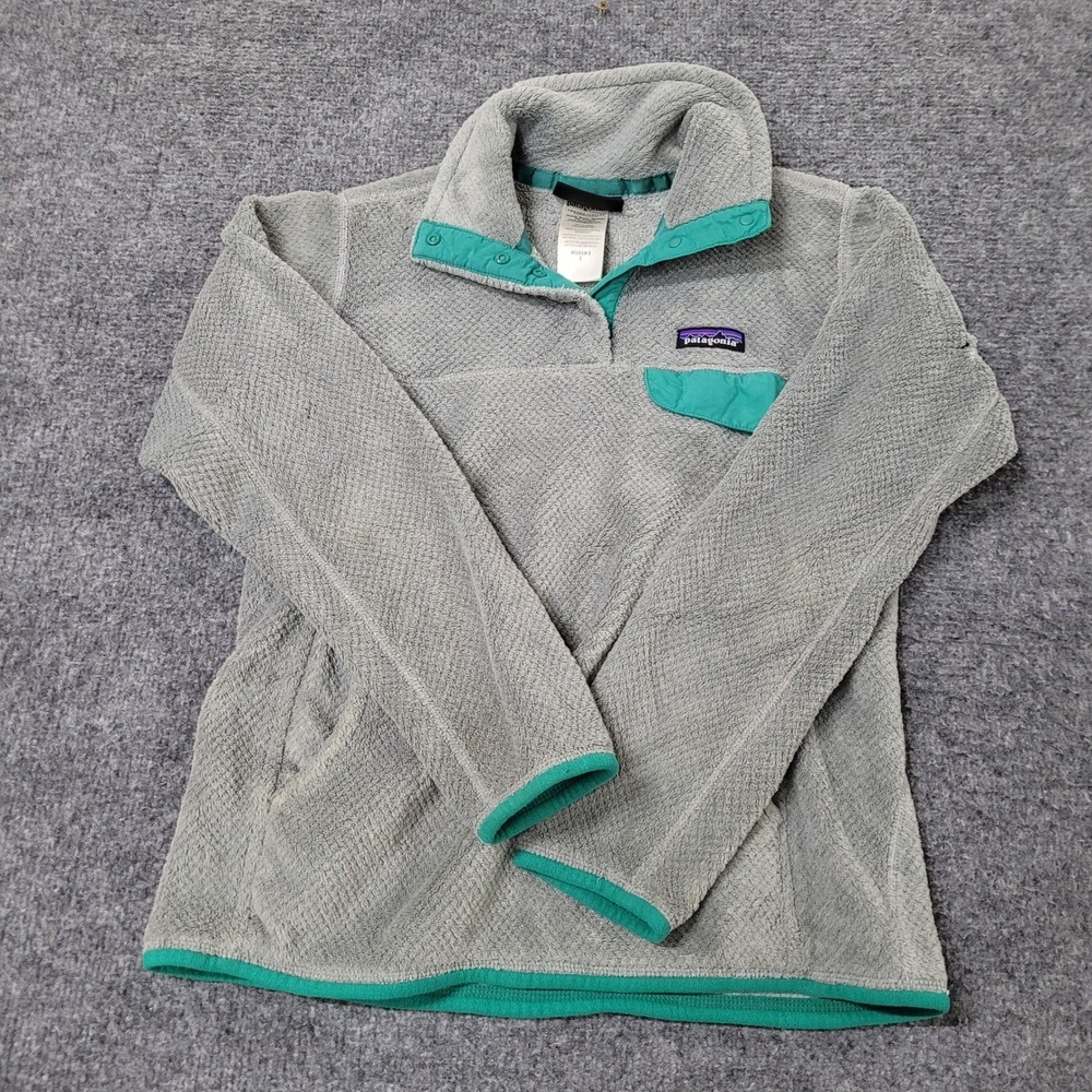 Patagonia Fleece Womens Size S Grey Re-Tool Snap-T Pullover Teal Trim Flaw